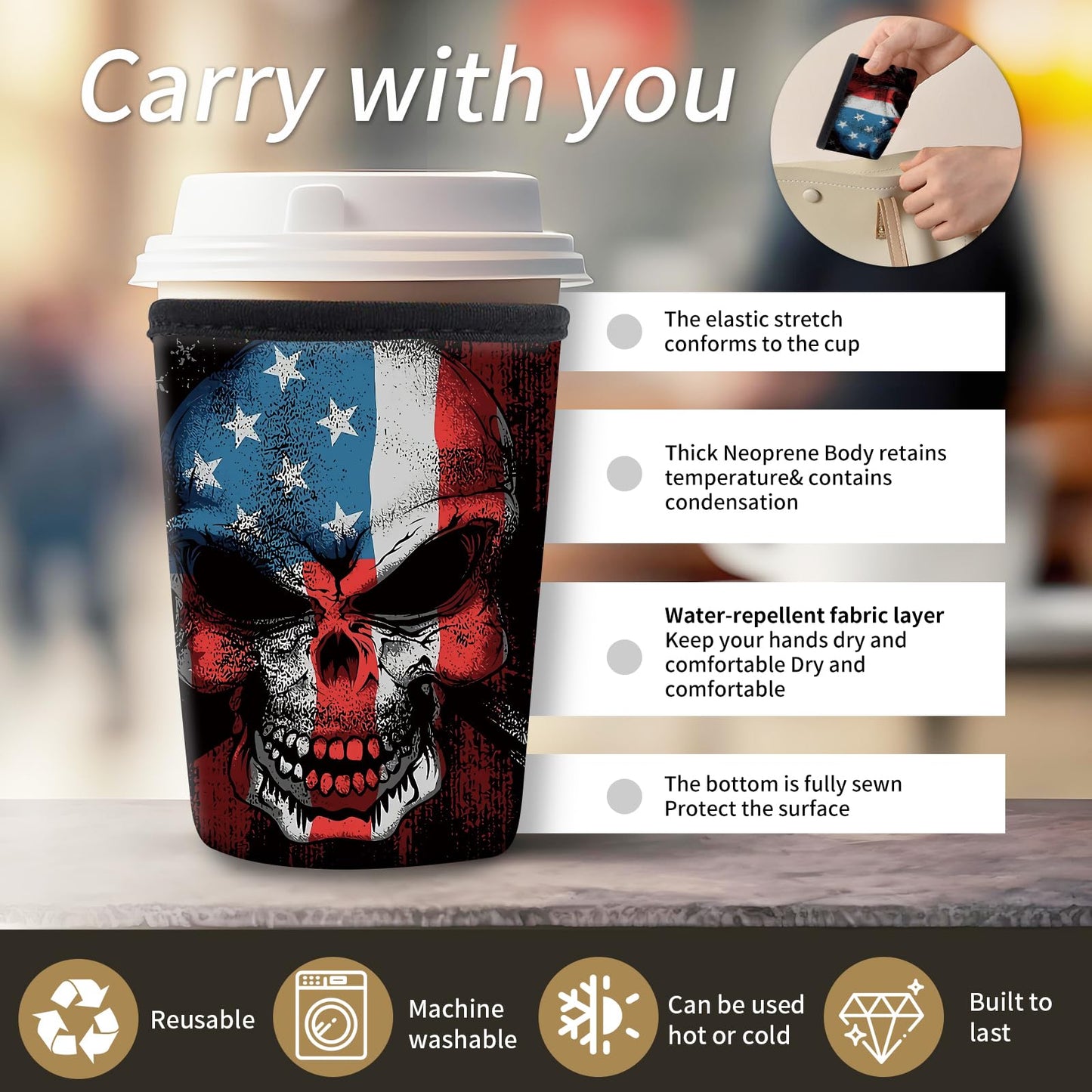 AMZXCFGL 3 Pack Reusable Neoprene Insulator Sleeve for Iced Coffee Cups, Cute Funny Coffee Cup Sleeve, Universal Fit 16-32oz Cups for Hot Cold Beverages Cute Skull Flag