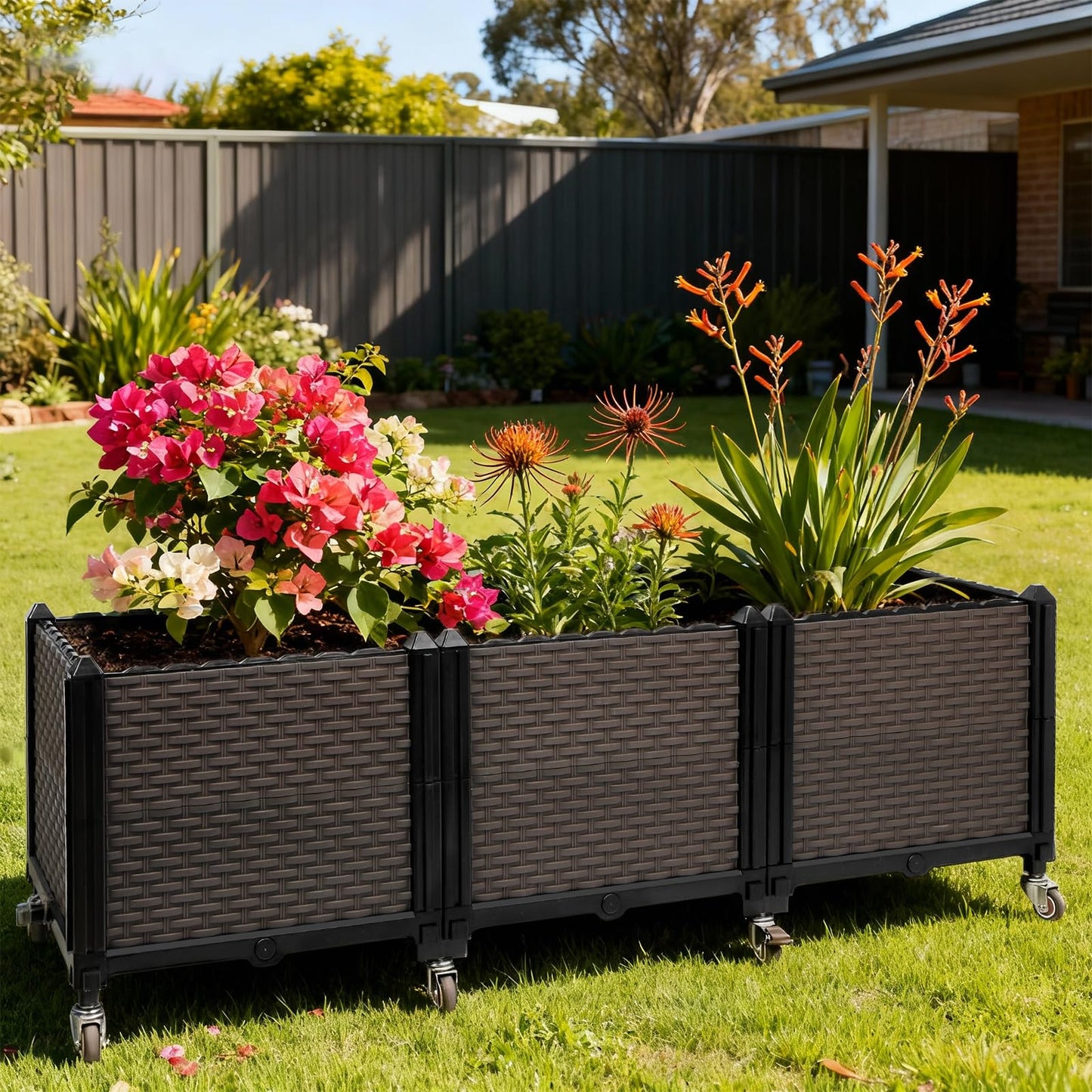 Ciao Stilista Raised Plant Box with Wheels 47.2"x15.7"x16.1", Raised Beds for Gardening Self Watering, Durable Metal Lockable Casters, Rectangular Garden Planter Perfect for Garden Patio Balcony Deck