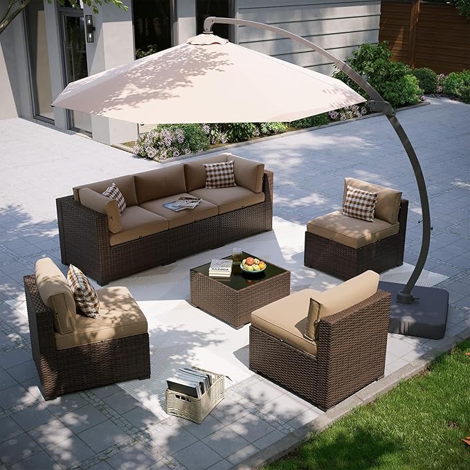 Aoxun Patio Furniture Set with Umbrella, 8 Piece Outdoor Sectional Sofas