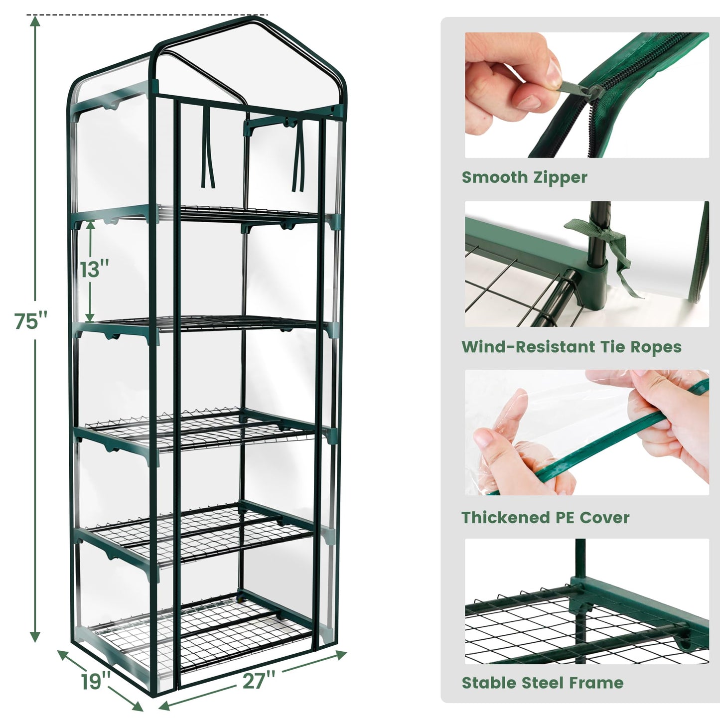 Worth Garden 5 Tier Mini Greenhouse - 75'' H x 27'' L x 19'' W - Sturdy Portable Gardening Shelves with Transparent PVC Cover - Small Porch Green House for Growing Plants Flowers Indoor & Outdoor