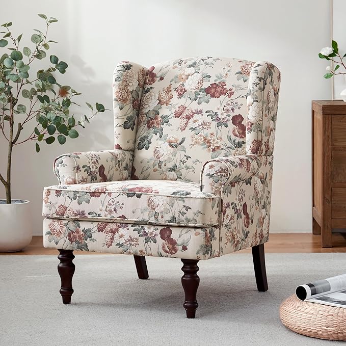 HUIMO Printed Wingback Accent Chair, Linen Upholstered High Back Armchair