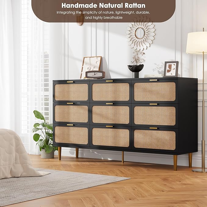 GarveeHome Rattan 9 Drawer Dressers