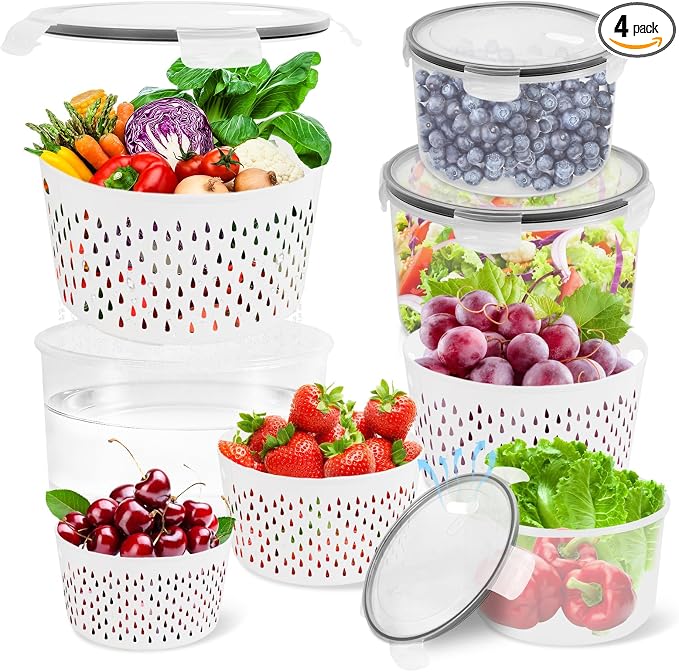 TBMax 8 Pieces Airtight Fruit Storage Containers for Fridge with Air Circulation Vent, 4 Pack Round Produce Saver with Colander for Berry Lettuce Salad Vegetable Storage, Refrigerator Organizers
