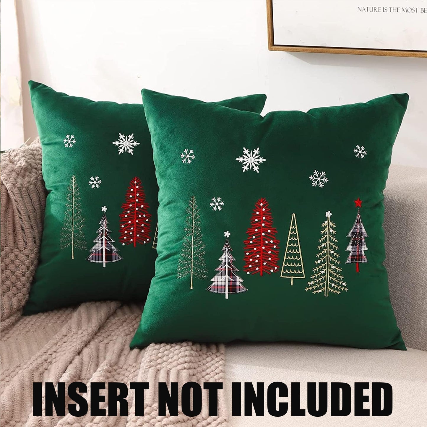Tosleo Christmas Pillow Covers 18x18 Set of 2 Xmas Trees with Snowflake Embroidery Throw Pillow Covers Christmas Dec Velvet Pillowcases Forest Green Cushion Pillow Cases Soft Square Holiday Pillowcase