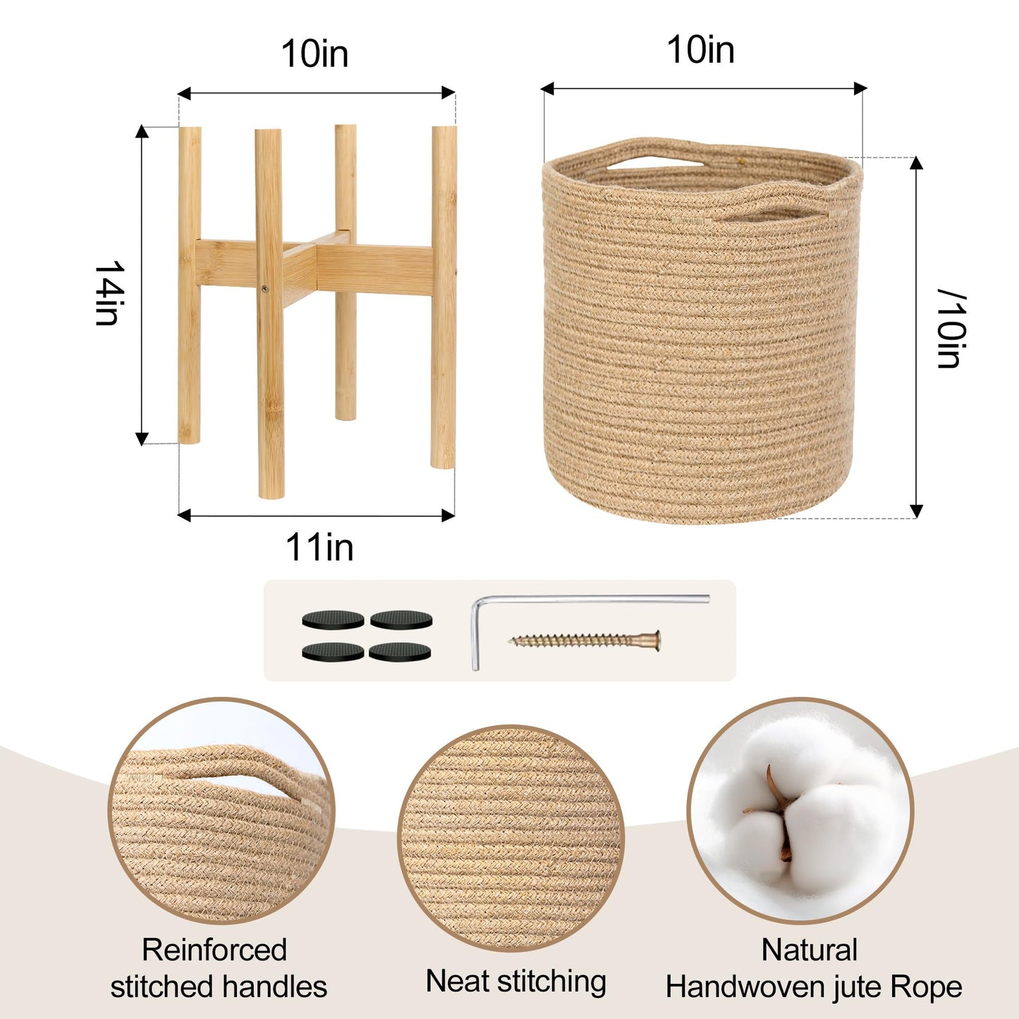 WILLITAT Plant Basket with Stand, Indoor Round Wicker Basket Plant with Bamboo Wood Stand, Decorative Woven Rope Flower Indoor Planter with Legs, Boho Bamboo Wood Planter Holder (Jute)
