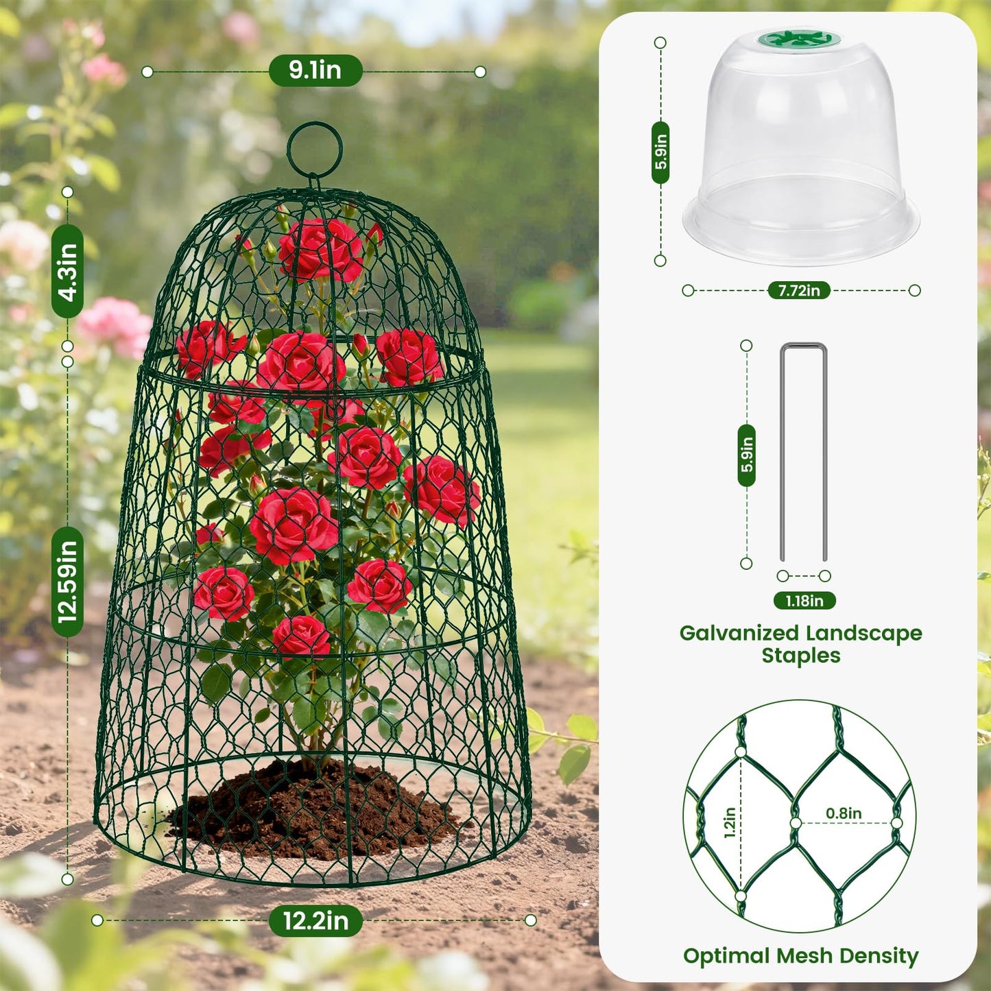 12 Pack XL Metal Garden Cloches for Plants, 17" Height Rustproof Chicken Wire Cloches for Seedlings, Vegetables & Flowers, Plant Protectors from Animals Includes 12 Humidity Domes & 48 Stakes - Green