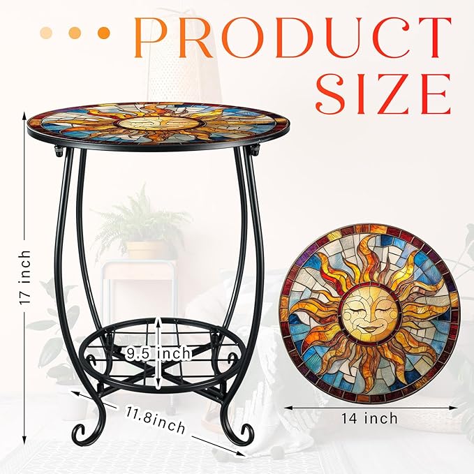 Cinnvoice Outdoor Side Table Round Small Mosaic Patio Accent Indoor End Plant