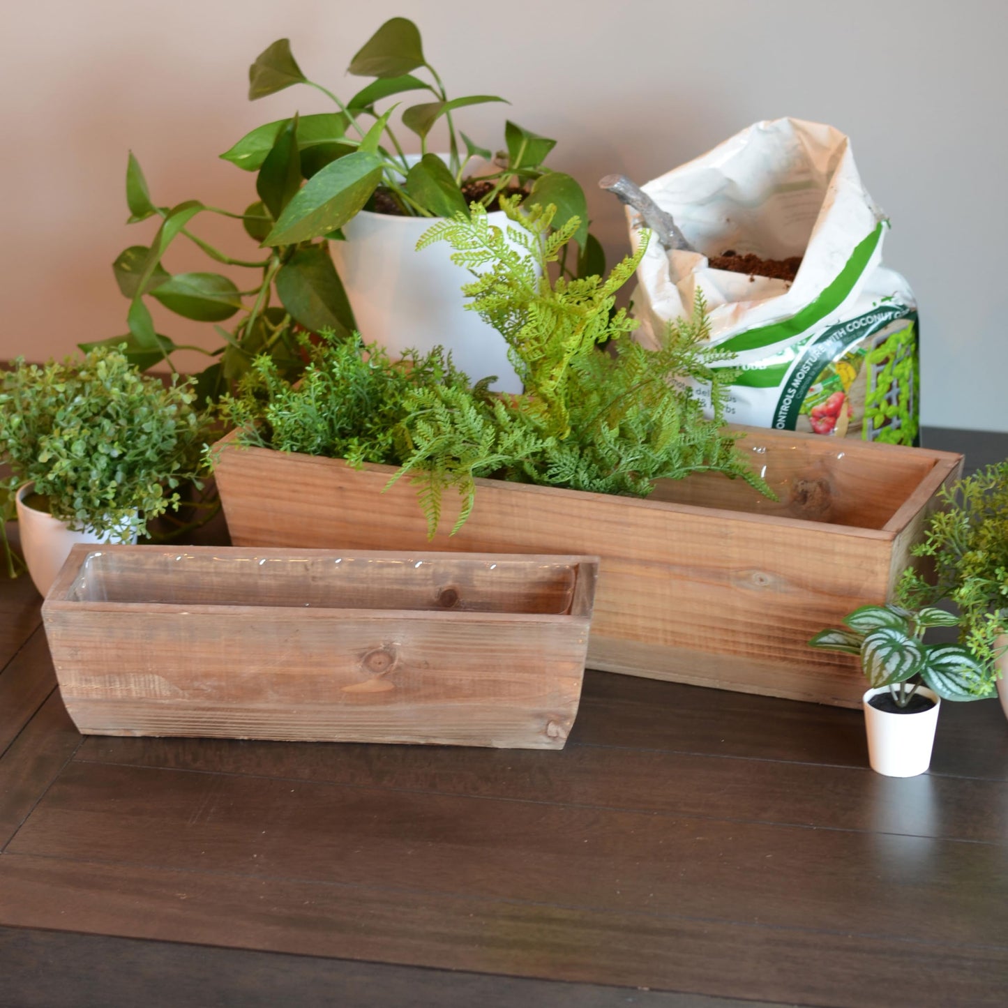 WHW Whole House Worlds Balcony Box Planters, Set of 2, Rectangular, Plastic Lined, Fir Wood, 21.75 and 15.75 Inches, Nesting