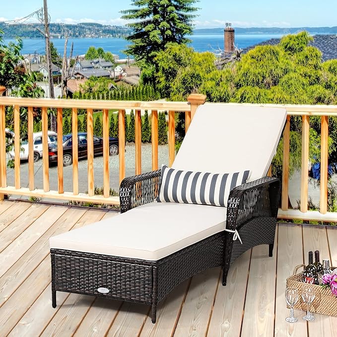 COSTWAY PE Rattan Chaise Lounge Chair, 6 Gear Adjustable Recliner