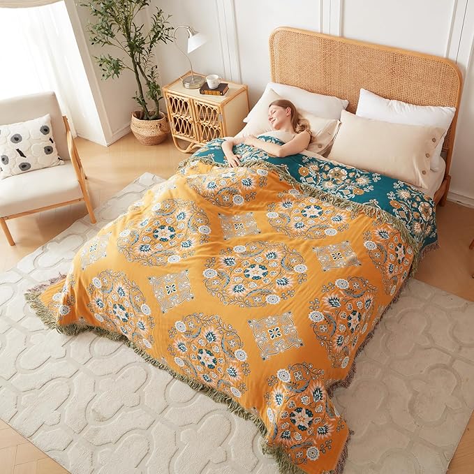 LUTBM Boho Throw Blanket for Bed 100% Cotton Soft Lightweight Quilt Reversible