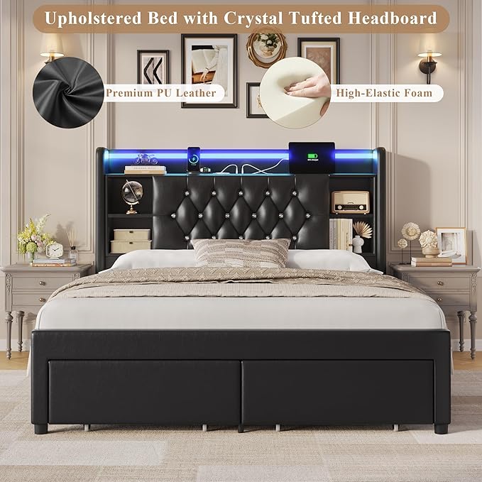 Queen Bed Frame with Drawers, Hidden-Cubby & Shelves Storage Headboard with