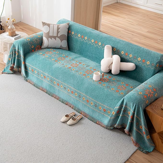 DREAMINGO Teal Boho Couch Cover Jacquard Chenille Sofa Covers Washable 3 Seater