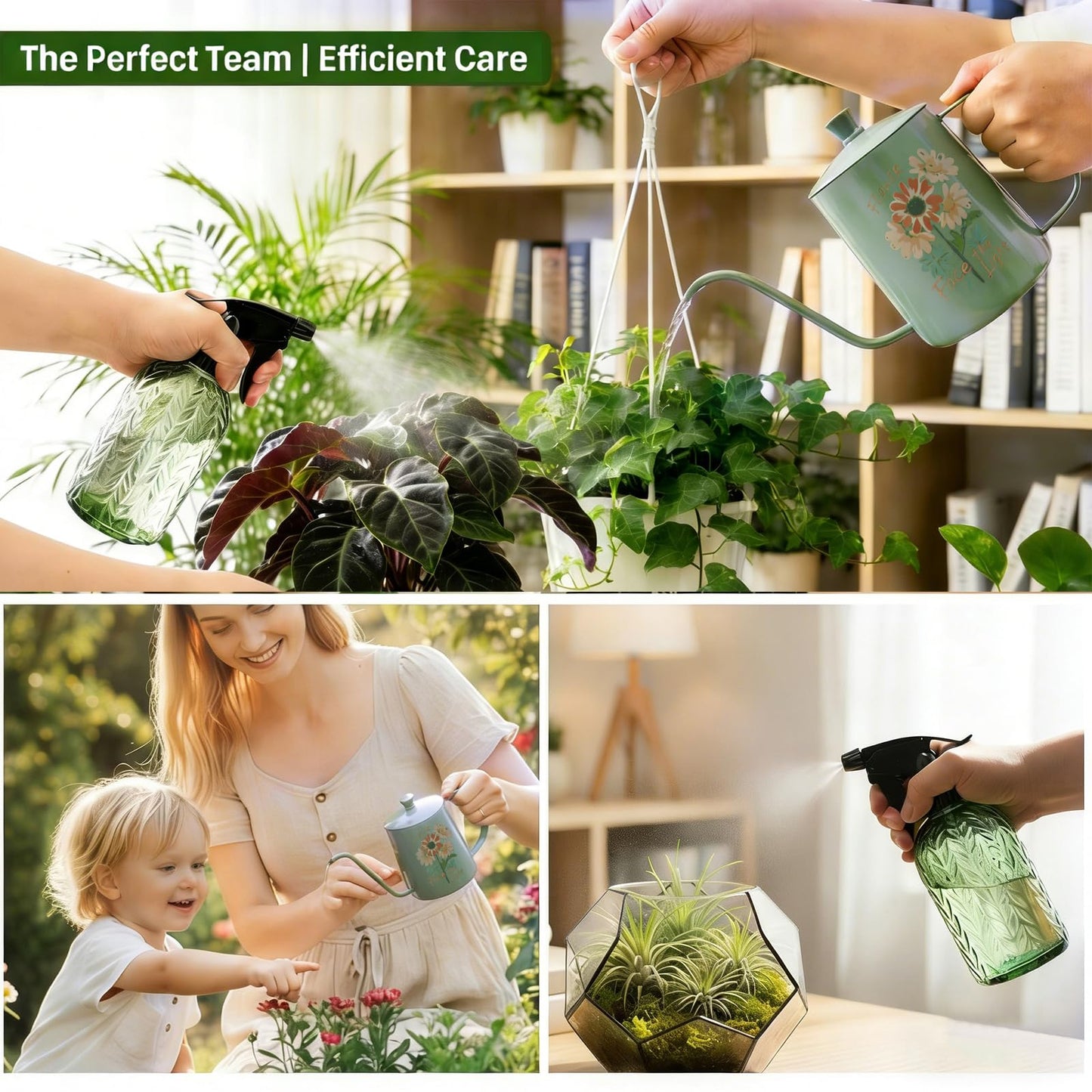 OFFIDIX Watering Can for Indoor Plants,Long Spout Metal Stainless Steel 21 oz Small Indoor Plant Watering Can with 14 oz Glass Plant Mister Spray Bottle for Inside