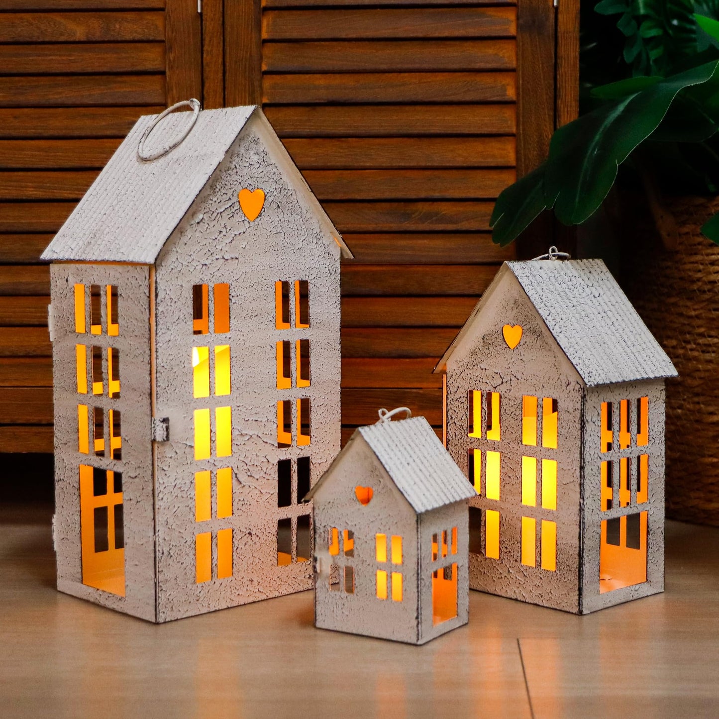TRIROCKS 3 Pcs Decorative Mantel Shelf Tea Light Lanterns 13.5"&9.5"&5.5" H Village Farmhouse House Candle Holders for Home Decor Patio Wedding Parties Ornaments Indoors Outdoors(Cream White)