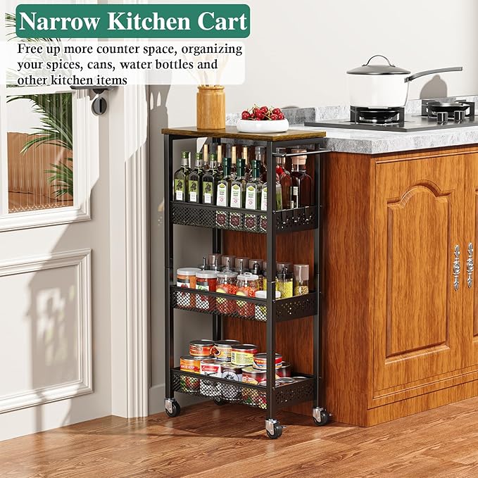 OKZEST Utility Slim Storage Cart, 4-Tier Narrow Bathroom Organizer and Storage