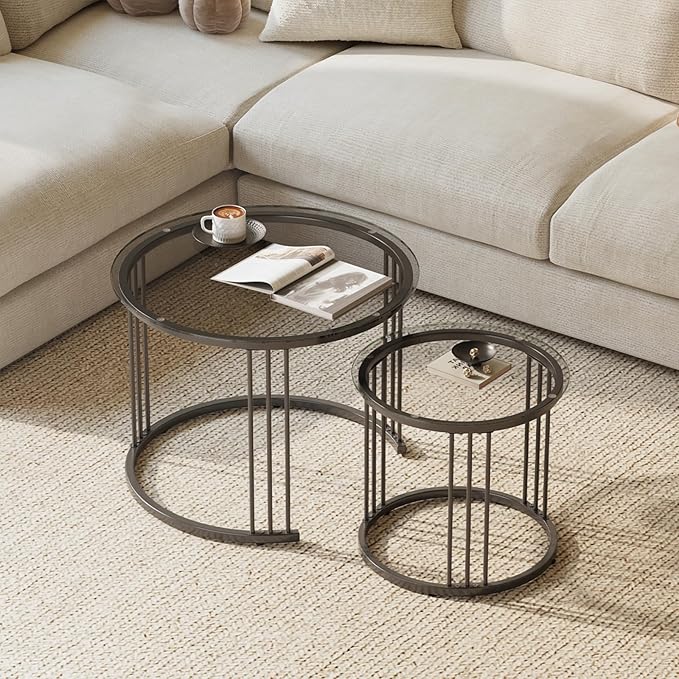 Garden 4 you Nesting Coffee Table, 23.6" Round Coffee Table Set of 2, Glass