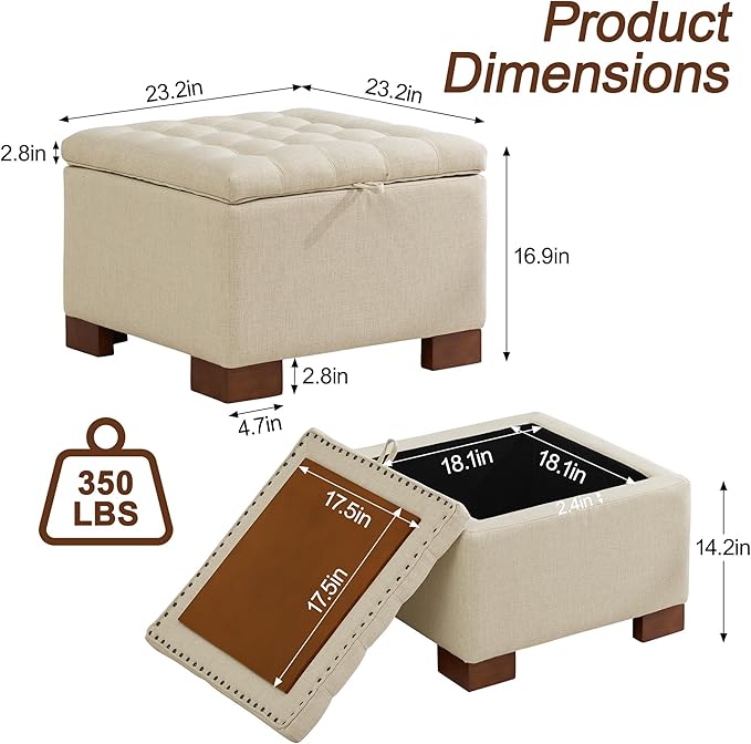 WUTUTUEE 24" Fabric Square Storage Ottoman