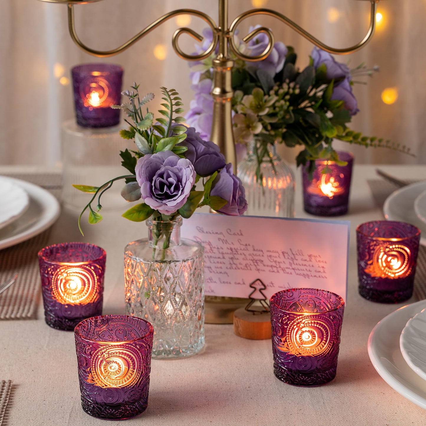 Purple Sun Moon Stars Glass Tealight Holders, 12 Pack