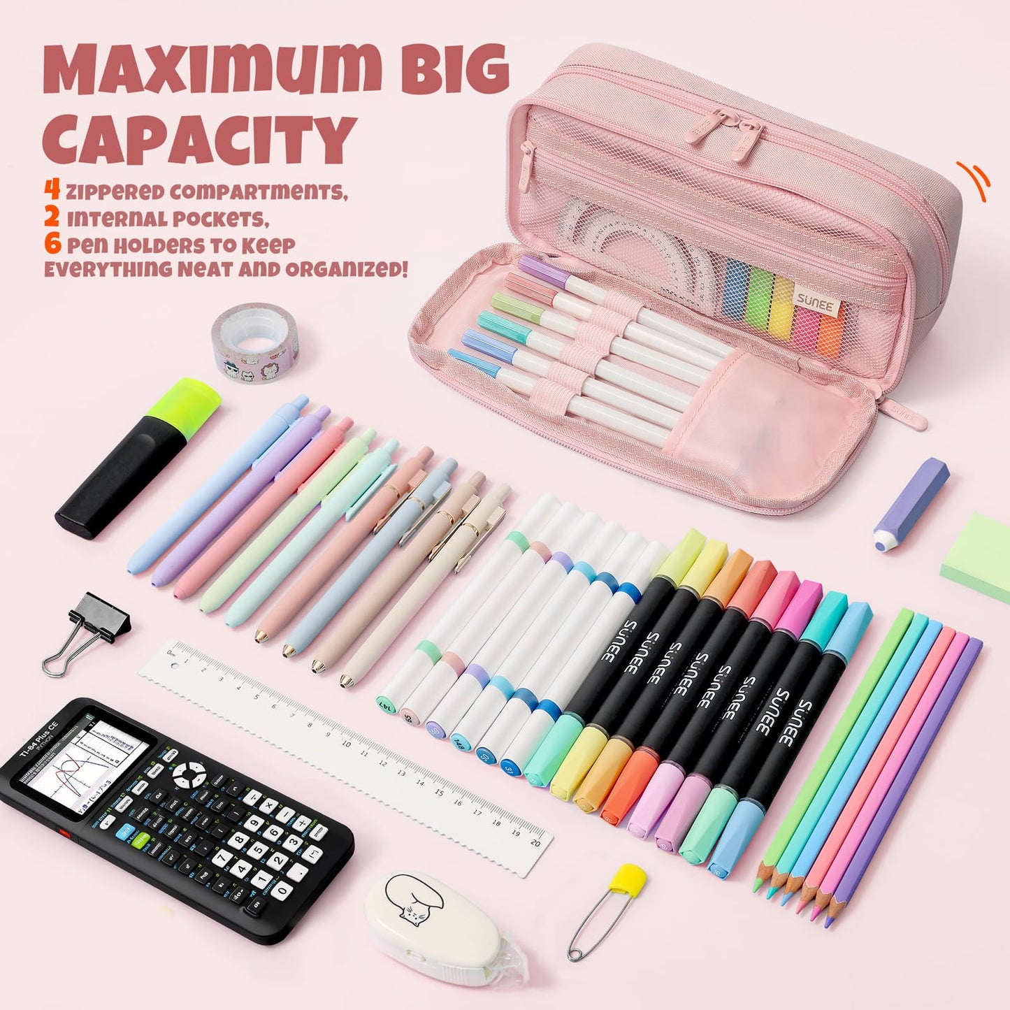 SUNEE Pencil Case, Large Capacity Pencil Pouch, Aesthetic Big Pen Bag 900D Oxford Pen Box for Office Stationery Organizer School Supplies Multifunctional for Teen Boys Girls Women Men, Pink