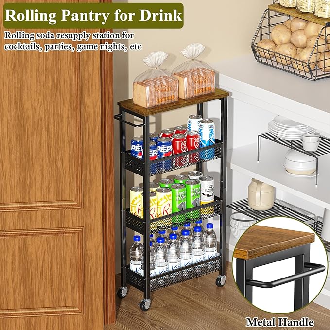 OKZEST Utility Slim Storage Cart, 4 Tier Small Rolling Kitchen Laundry Room Cart