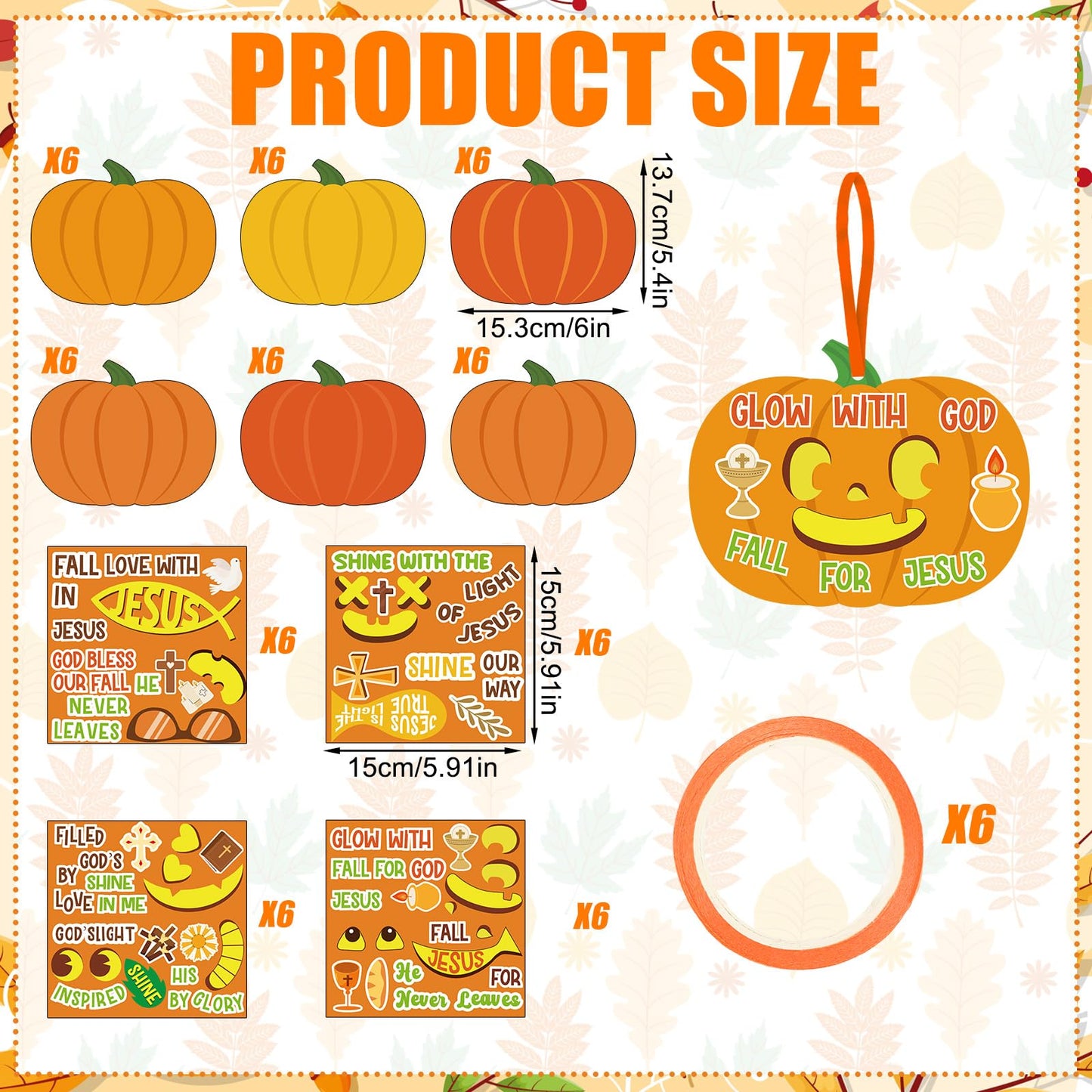 Frienda 48pcs Thanksgiving Pumpkin Craft Kit Christian Fall Jesus Pumpkin Cross Hanging Ornaments with Ribbons Halloween DIY Religious Faith Crafts for Sunday School Party Home Activities