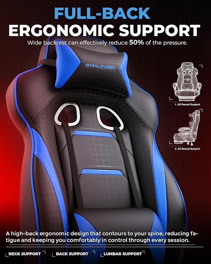 GTPLAYER Gaming Chair with Footrest, Big and Tall Game Chair 350lb Racing Style