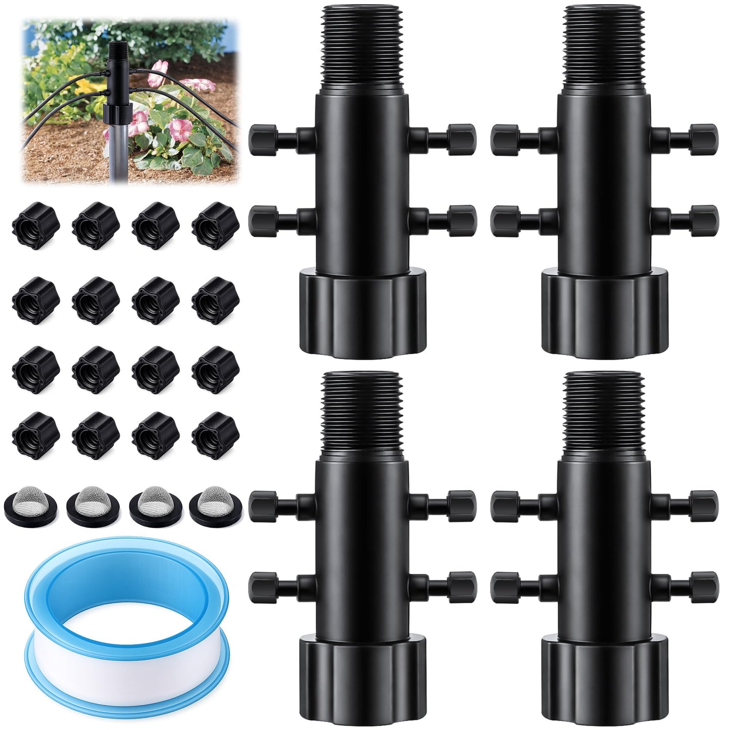 Gulfmew 4 Pack 4 Port Drip Irrigation Manifold with Filter, Drip Irrigation Riser Adapter, Watering Manifold for Gardening Systems, 1/2" Female Pipe Thread x 1/2" Male Pipe Thread x 1/4" Barbed End