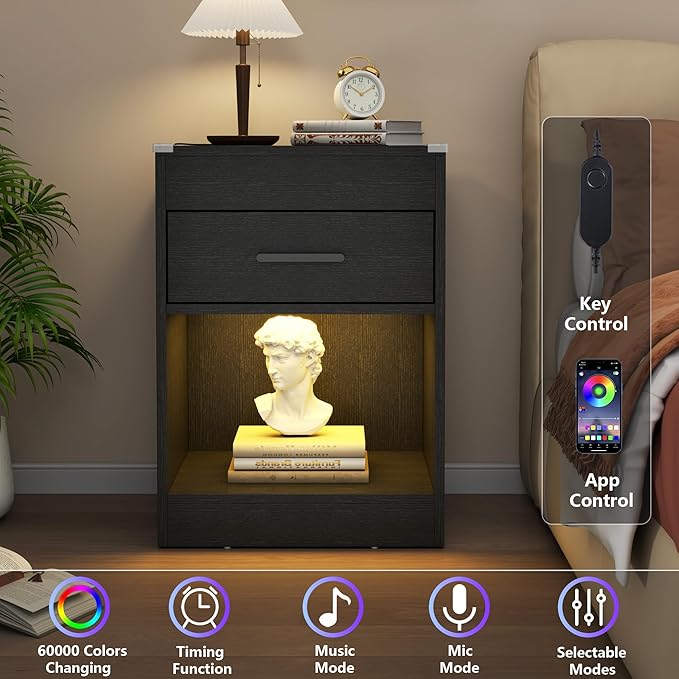 Gyfimoie Led Night Stand with Charging Station & RFID Lock Cabinet, Smart