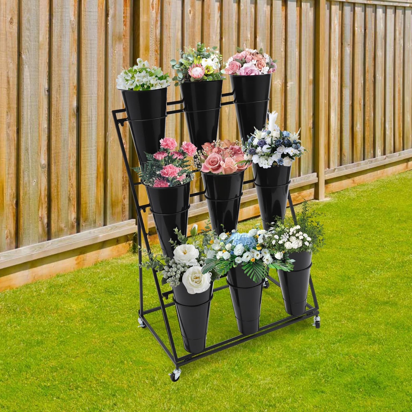 lxrnqcey Flower Display Stand, Moving Plant Cart Shelf Indoor Outdoor Flower Rack with 9Pcs Buckets, 3 Layers Metal Plant Holder with Wheels for Patio Balcony Garden (Black)