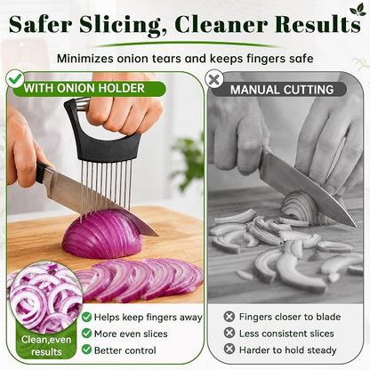 Onion Slicer, Stainless Steel Onion Holder for Slicing with Protective Cover, Onion Cutter Tool, Food Slicing Guide for Kitchen, Tomato, Potato, Lemon, Meat, Avocado, Egg, Fruit