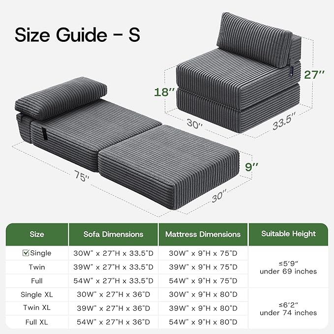 4-in-1 Folding Sofa Bed Convertible Boneless Sleeper Chair Couch Foldable