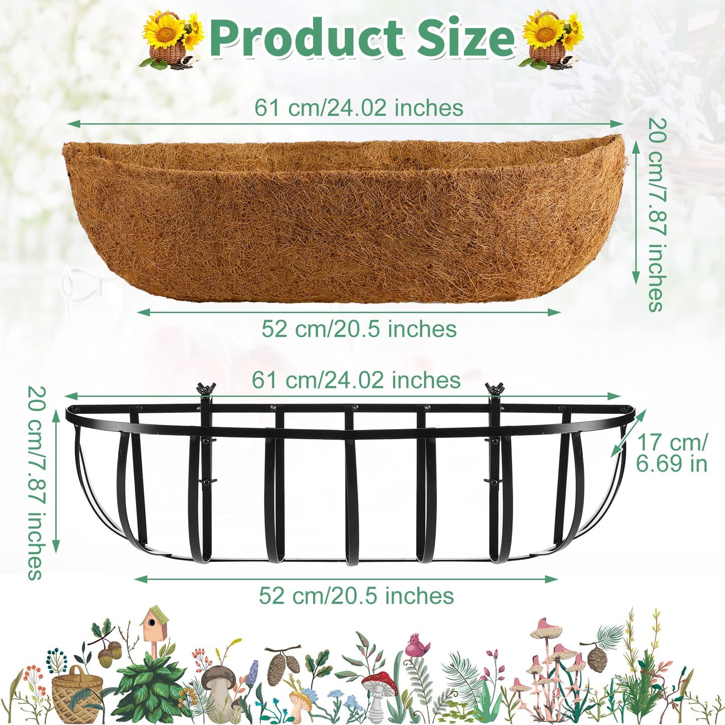 Tessco for you 6 Pieces Railing Planter Boxes, 24 Inches Window Box Planters with Coco Liner and Adjustable Brackets for Deck Porch Fence Patio Balcony Gardening Outdoor Plants