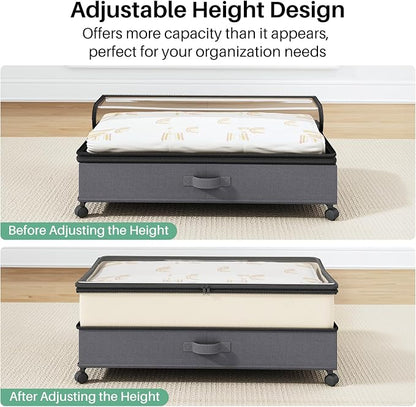 Kitstorack 2Pack Height-adjustable Under Bed Storage with Wheels, Under Bed Storage Containers,Under Bed Shoe Storage Organizer with Clear Window&Label, Suitable for Clothes Storage, Beige & Gray