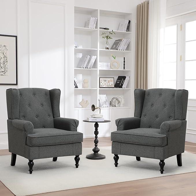 Accent Chair Set of 2, Mid Century Modern Fabric Wingback Chair, Upholstered