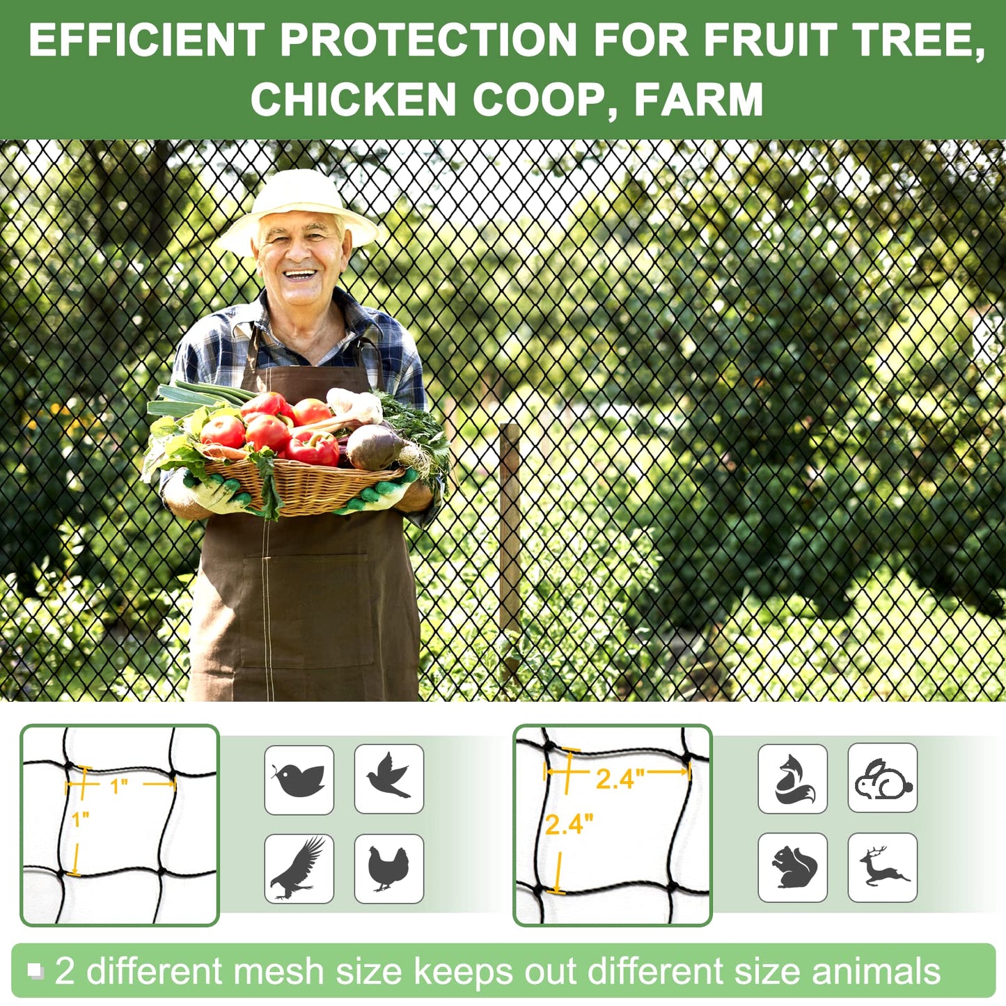 DQS Bird Net - 25' x 50' Garden Netting with 2.4" Square Mesh Protect Fruit Tree, Plant and Vegetables from Poultry, Deer and Pests, Heavy Duty Bird Netting for Garden, Farm, Orchard