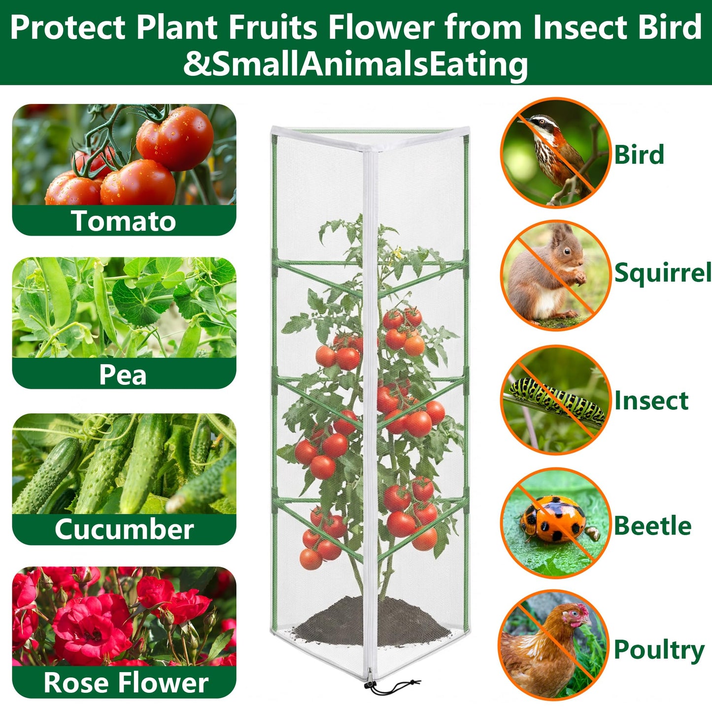 2 Pcs Garden Bird Netting for Triangle Plant Cage, 59" x 20" x 20" Tomato Cage Garden Net Cover with Zipper, Tomato Trellis Insect Bird Barrier Protection Mesh for Vertical Climbing Plant Vegetable