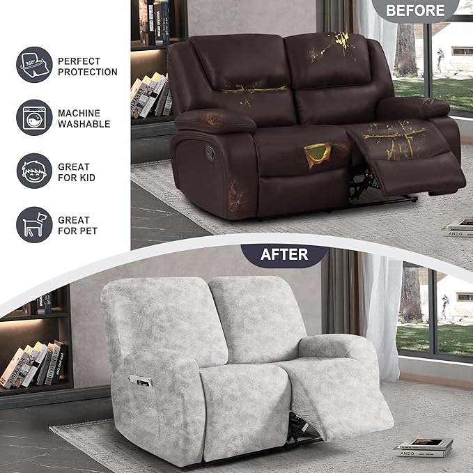 ANARACHON Leather Look Loveseat Recliner Cover, 6-Pieces Stretch Dual Recliner