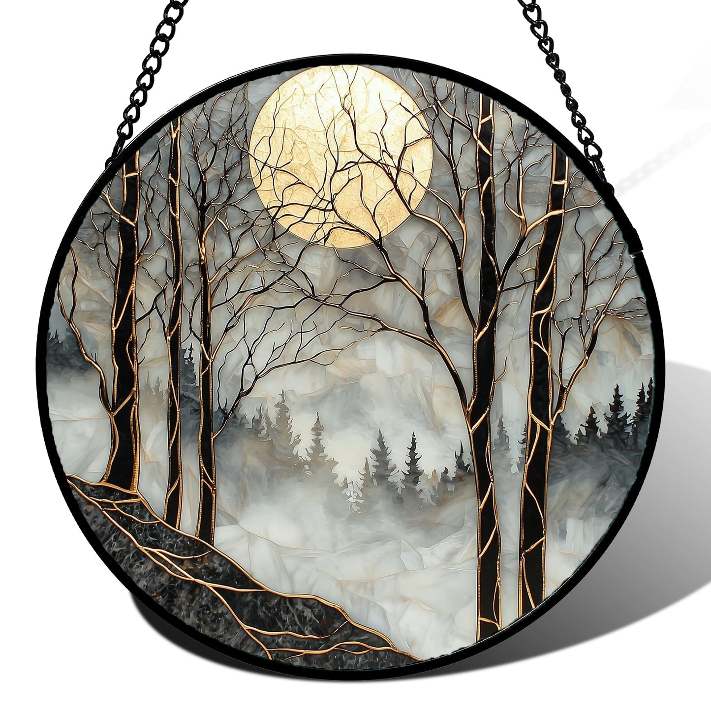 AMDERVEN Stained Glass Window Hanging - Grey Moon Forest Sun Catcher for Door Home Decor Suncatcher Christmas Mother's Day Birthday Gifts for Women Men Lovers Mom Nana 7.8 in
