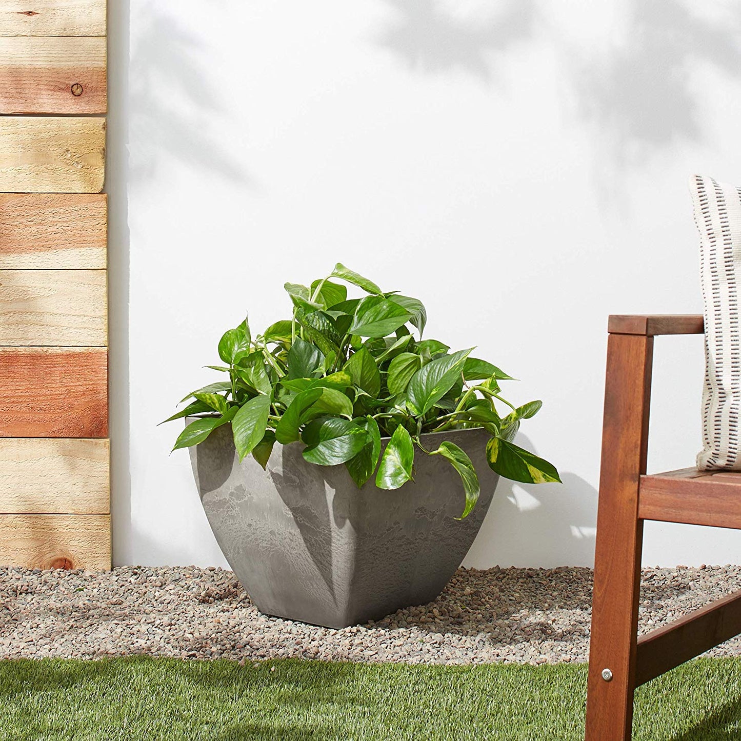 PSW Pot Collection 16x13 inch Plastic/Stone/Wood Composite Square Planter – No Drainage Hole (Drillable), Modern Indoor/Outer Pot for Flowers, Foliage, Succulents, Fairy Gardens, Cement Color