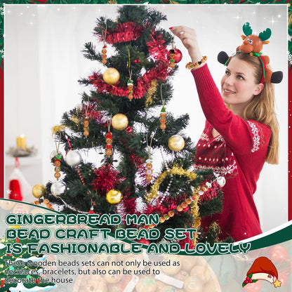 Geelin 300 Pcs Christmas Wood Beads with Twine - Santa Gingerbread Snowman Winter Animals Wooden Round Bead for Hanging Ornaments DIY Crafts Garland Holiday Tree Decor(Gingerbread Man)