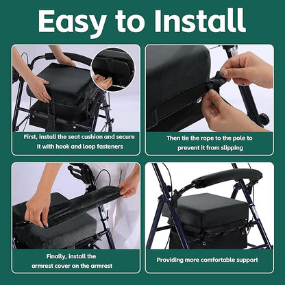 BALAPET Non-Slip Rollator Walker Seat Cushion and Backrest Cover Set for Elderly,Thickened 3in Supportive Memory Foam Walker Seat Cushion, Walker Seat Accessories for Seniors(Black)