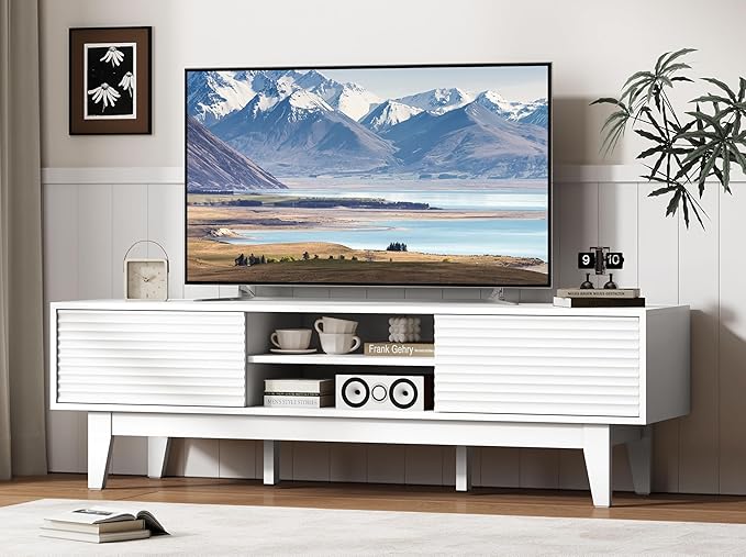 Fluted TV Stand for 55 65 Inch TV, Mid Century Modern Entertainment Center