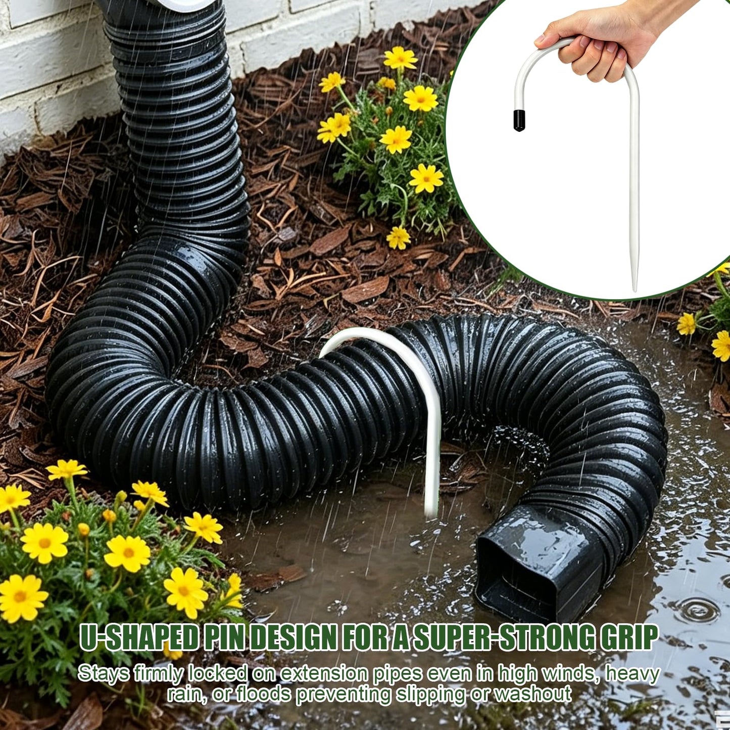 Chiliqi 2 Pack Rain Gutter Downspout Extension Fixing Pin, U-Shape Downspout Anchor Stake Fit 4" Round Downspout Extensions, Easy to Install for Efficient Rainwater Management (White-2 Pack)