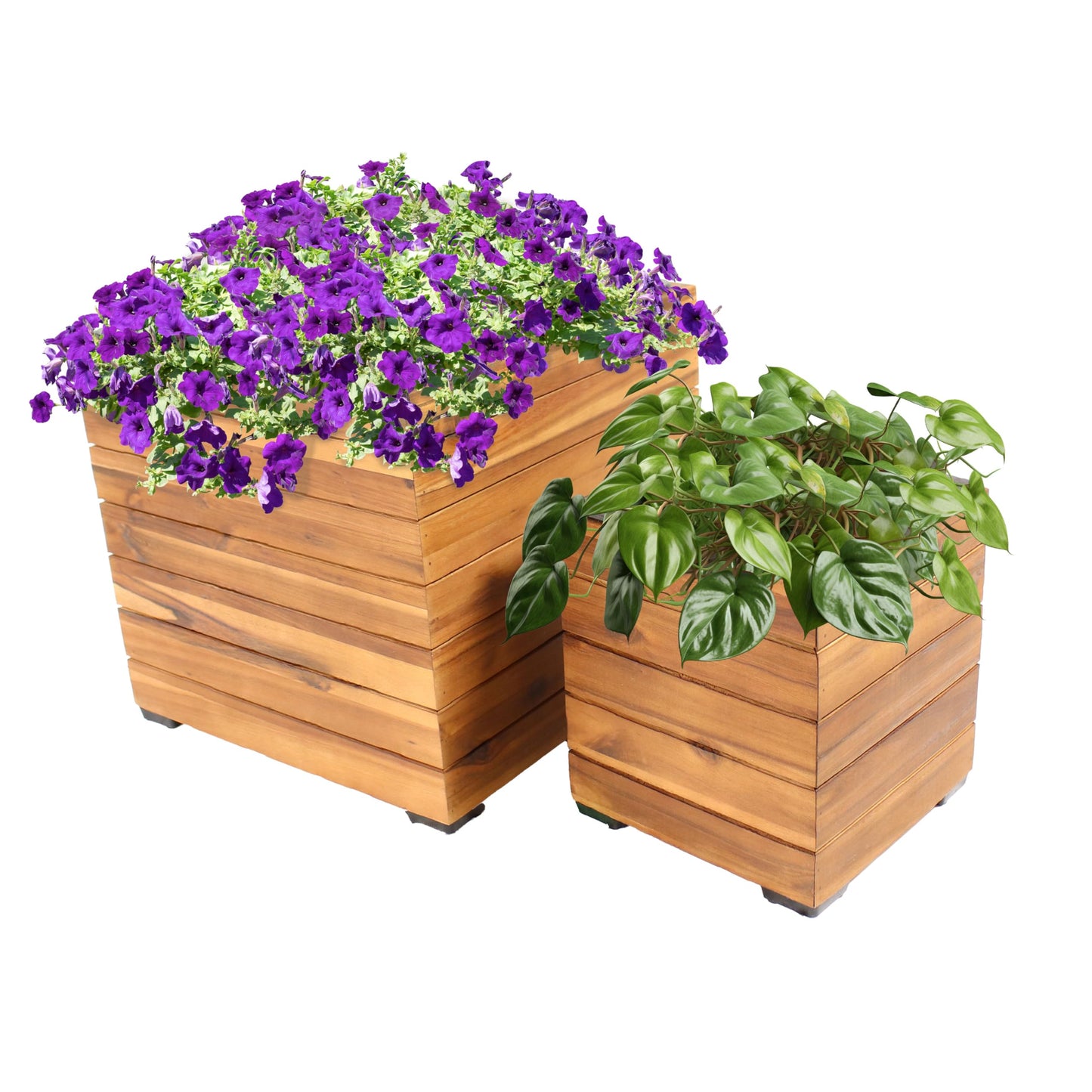 Sunnydaze Indoor/Outdoor Wooden Planter Boxes - 2 Acacia Wood Square Plant Pots with Removable Liners - Light Brown Stain