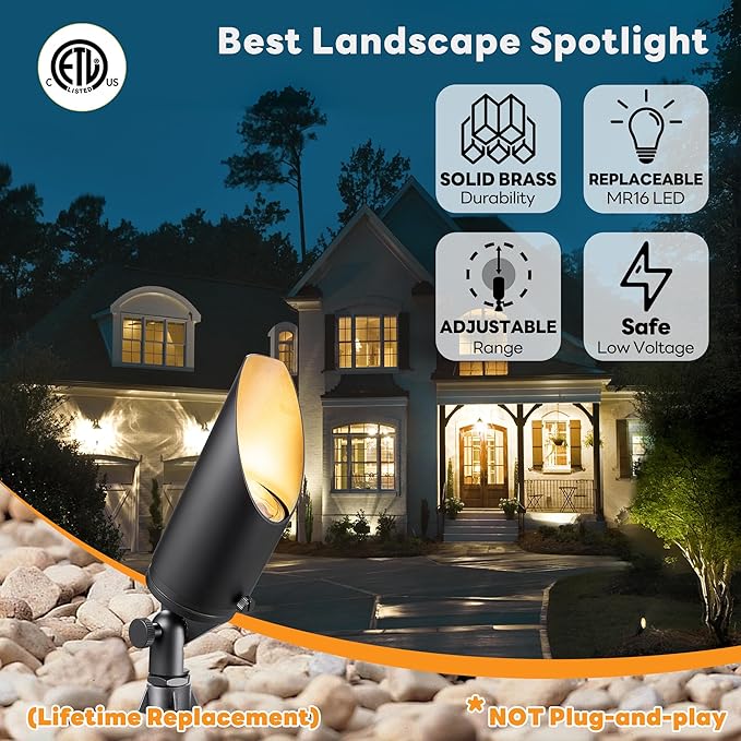 Gardenreet Brass Spot Light Low Voltage - Outdoor Landscape Spotlights, 12V Landscaping LED Uplights, Hard-Wired Adjustable Shield All Weather Black for Backyard Lawn with No Bulbs (8 Pack)