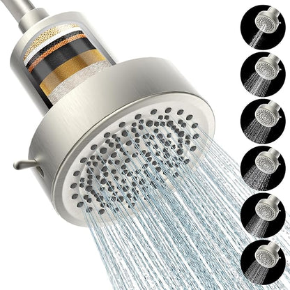 Filtered Shower head for Healthier Hair & Skin – Removes Chlorine & Heavy Metals,High Pressure 6 Mode Settings Shower Head Filter for Hard Water (Brushed Nicke)