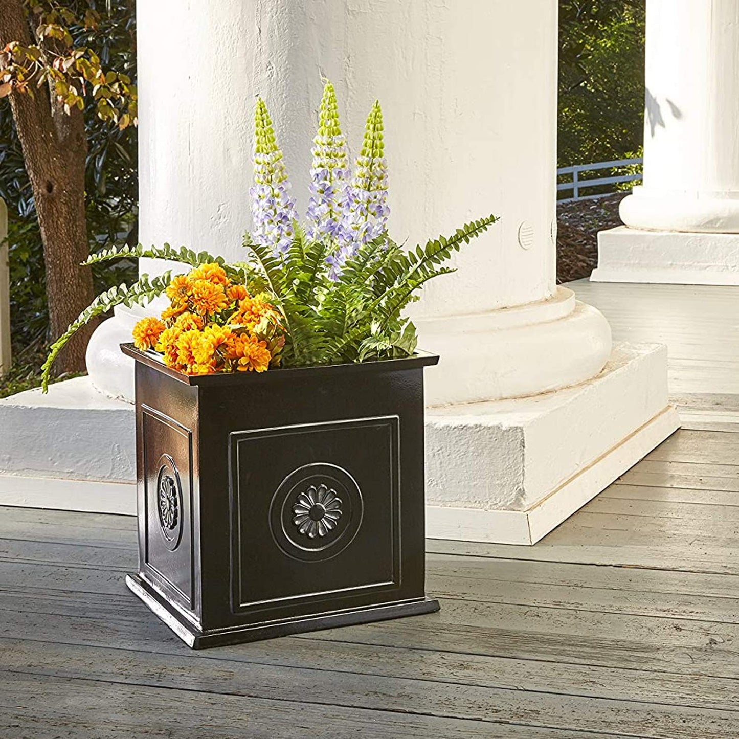 Southern Patio CMX-042426 Colony 16 Inch Square Resin Ceramic Indoor Outdoor Garden Box Planter Pot for Flowers, Herbs, Vegetables, and Plants, Black