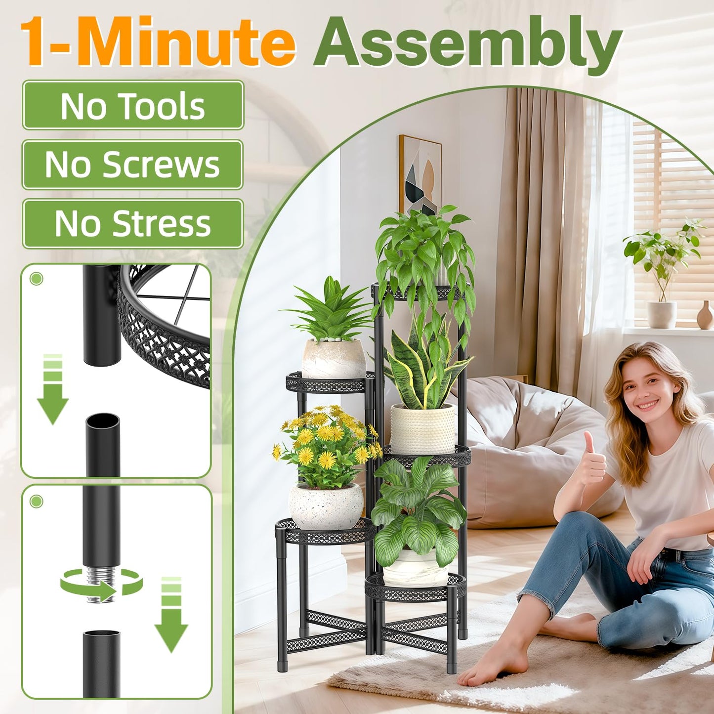 iDavosic.ly Plant Stand Indoor Outdoor, 5 Tier Corner Metal Flower Display Holder Shelf, Folding Tall Orchid Rack for Patio Balcony Porch Garden Living Room House, Wrought Iron - Modern Black
