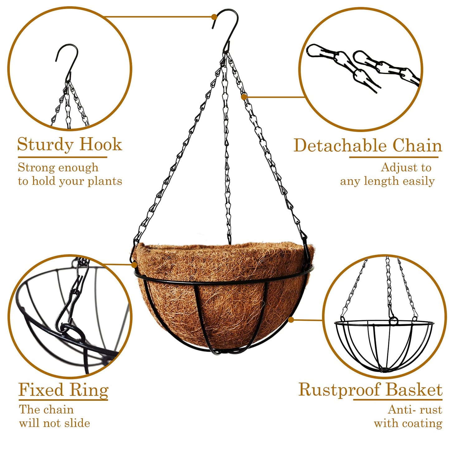ArtFamy 4 Pack 10 inch Metal Hanging Planters Basket with Coco Coir Liner Outdoor-Hanging Baskets for Plants Outdoor,Metal Wire Baskets with Window Box Planters, Hanging Flower Pots for Railings