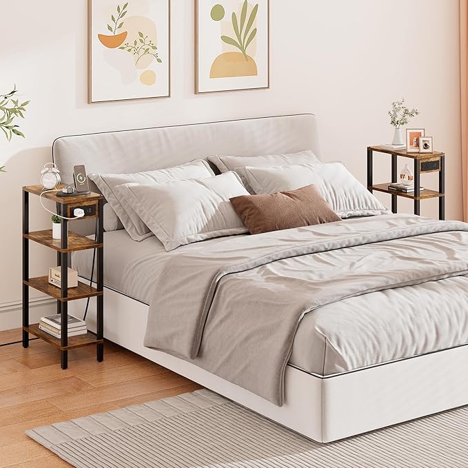 TUTOTAK Narrow Side Table with Charging Station, Small End Table with USB Ports